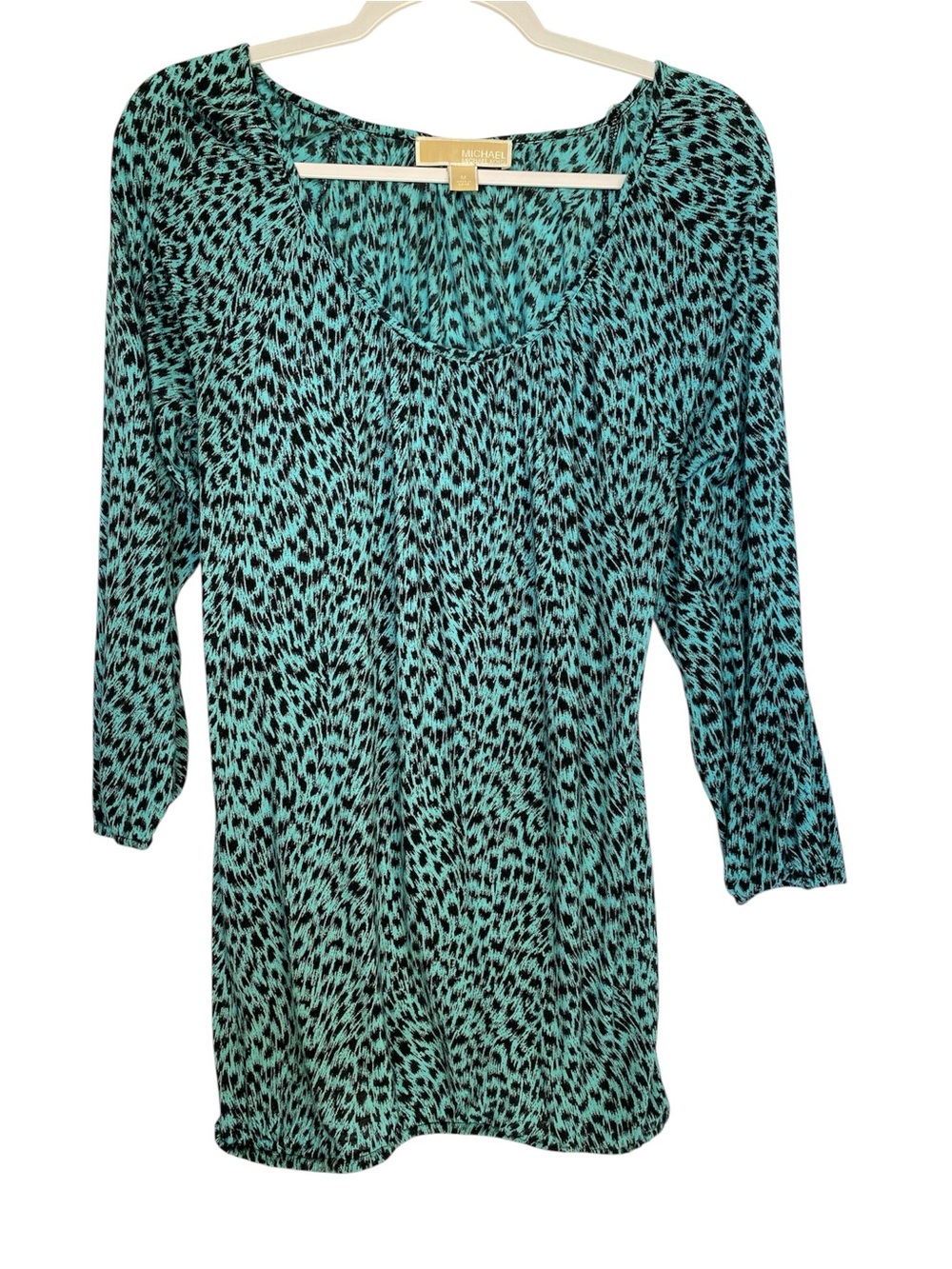 Michael Kors Women's Turquoise Blk Leopard, Scoop Neck 3/4 sleeve Medium blouse